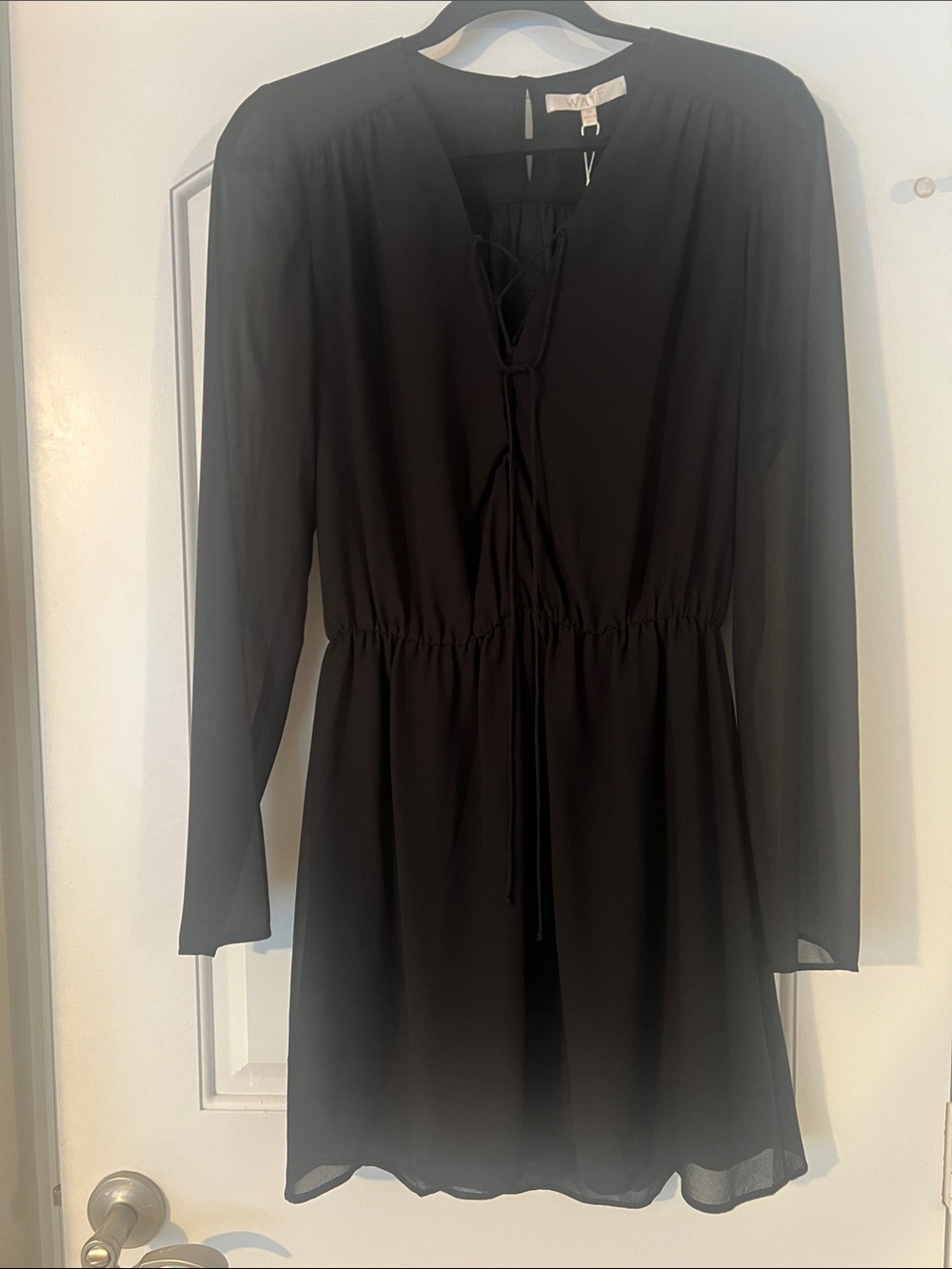 Chiffon Long sheer Sleeve Black w/sexy criss cross lace up neck Dress medium NWT